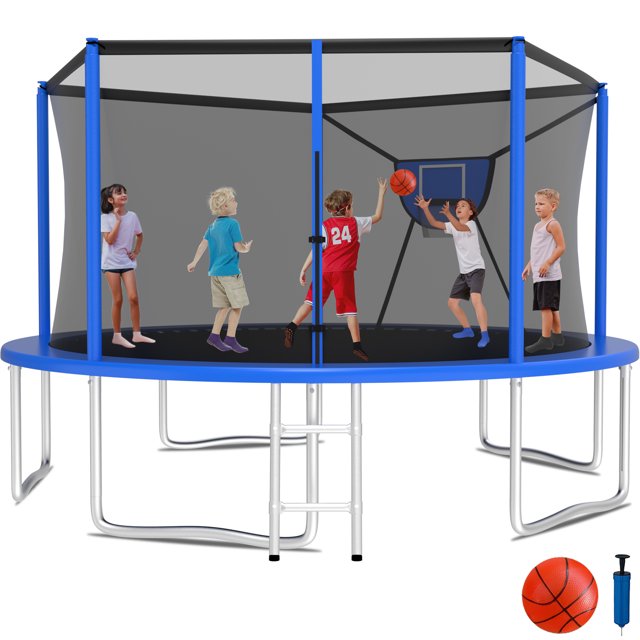 KOFUN 1400LBS 14FT trampoline for kids and adults, featuring a blue frame with a high-density safety enclosure net. The trampoline includes a removable basketball hoop, a ball, and a ladder for easy access. Five children are playing inside, showcasing its spacious design and safety features. The trampoline is constructed with galvanized steel pipes, 80 galvanized springs, and a UV-resistant PP jumping mat for durability and superior bounce. A pump and ball are also included for added fun.