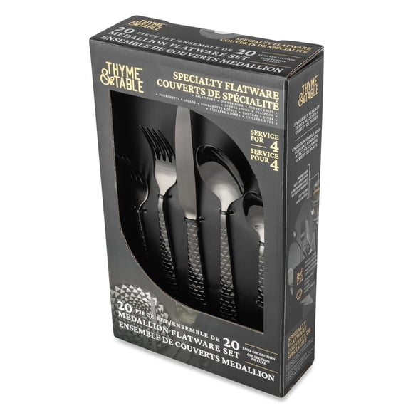 Thyme & Table 20-Piece Stainless Steel Black Medallion Flatware Set, Luxe Collection