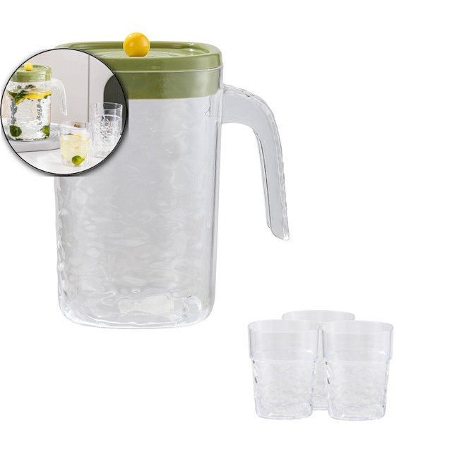 Dvruxg Plastic Pitcher with Lid, Clear Ice Tea Pitcher for Fridge, Large Water Jug Beverage Pitcher with 3 Water Cup(Green)