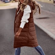 Aqestyerly Women Long Jacket Sleeveless Down Parka Hooded Warm Coat With Pockets Winter Casual Outerwear HWRETIE