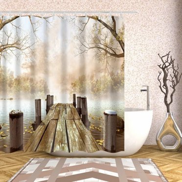 Rideau de Douche en Tissu Rustique 5.9x5. Automne Arbres Brumeux Pont en Bois Rivière Campagne Rideaux de Salle de Bain Nature Rideau de Douche en Tissu avec Crochets Brun Beige