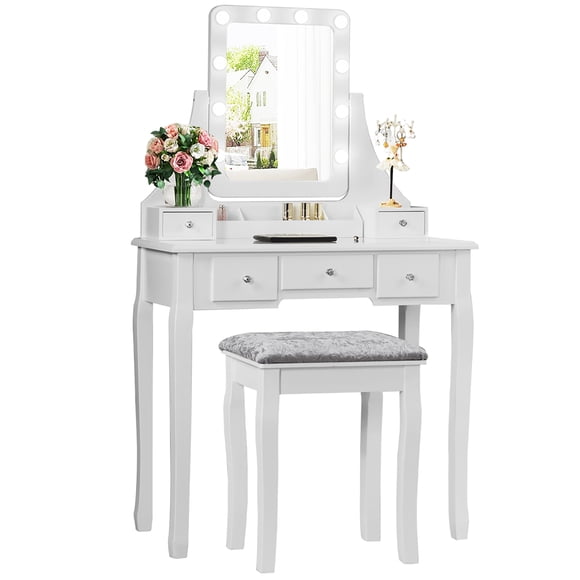 Costway Coiffeuse avec 10 Ampoules à Intensité Réglable, Interrupteur Tactile, Tabouret Coussiné, Blanc