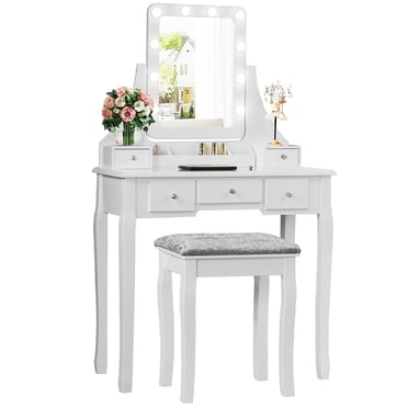 Costway Vanity Dressing Table Set w/ 10 Dimmable Bulbs Touch Switch Cushion Stool White