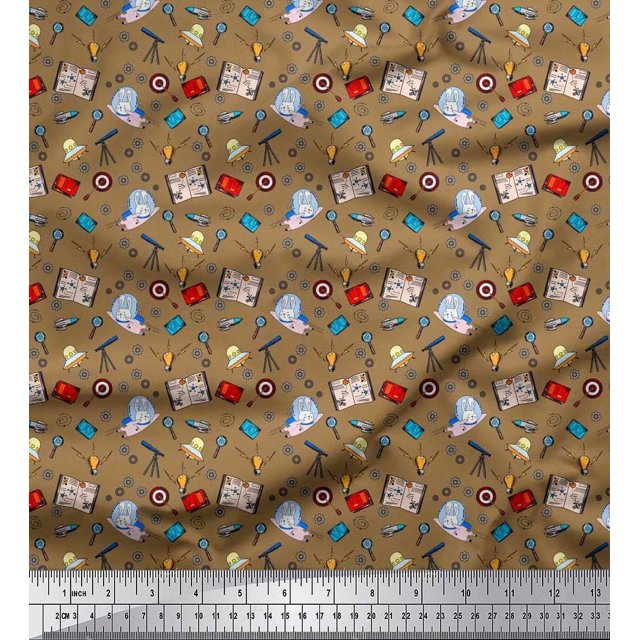 Soimoi Polyester Crepe Fabric Book,Magnifier & Telescope Education Theme Print Sewing Fabric Yard 52 Inch Wide