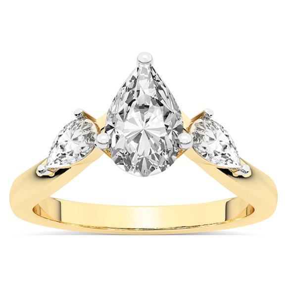 2 Carat IGI Certified Pear Shape Lab Grown Diamond Engagement Ring | 14K Yellow Gold | Joella Three Stone Chevron Diamond Ring | FG-VS1-VS2 Quality Friendly Diamonds