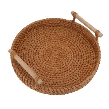 Plateau de Service en Rotin Fait à la Main, Plateau Ottoman Tissé pour Table Basse avec Poignées, Petit Format 11,8 Po X 2,4 Po