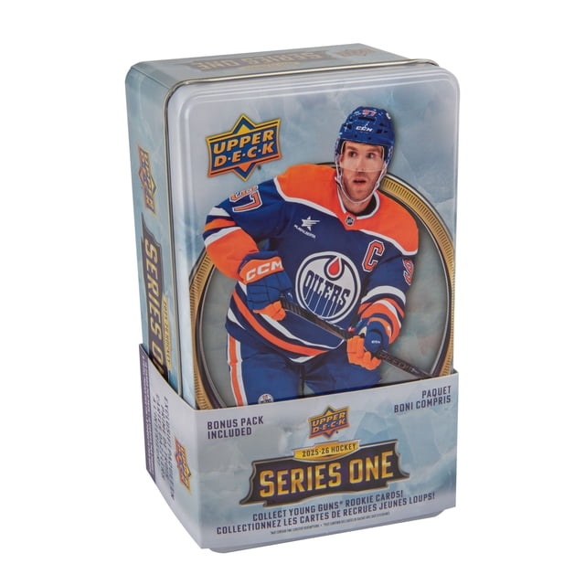 2025-26 Upper Deck Series 1 Hockey Cards (Tin) front-facing view of a silver Upper Deck tin on a neutral background, tin lid with brand logo and hockey artwork, eight sealed regular packs plus one three-card Dazzlers bonus pack partly exposed showing Orange, Red or Black tin-exclusive variants; average three Young Guns® rookie cards and one UD Canvas® insert per tin. Often used as shelf display or for organizing loose insert cards.
