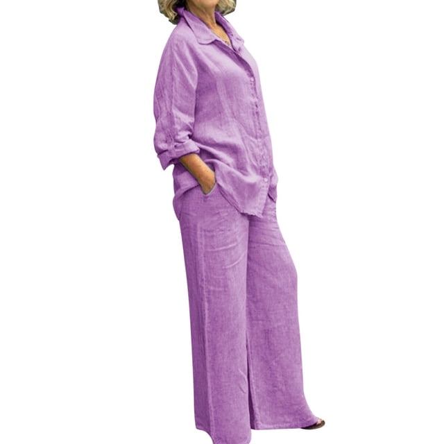 GDREDA Womens Cotton Linen Set 2 Piece Outfits Summer Button Down Shirt Wide Leg Pants Matching Sets Purple,XXL