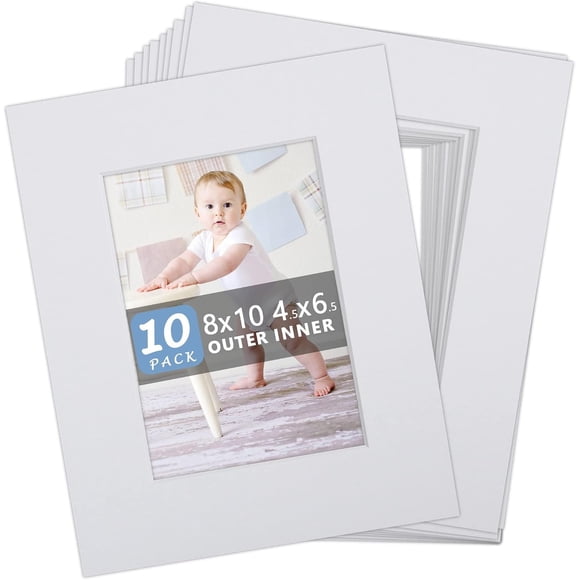 Tapis Photo Prédécoupés 8x10, Tapis Photo Blancs 8x10 pour Photo 5x7 / Découpe Biseautée Noyau Blanc, Tapis d'Ouverture 5x7 Sans Acide pour Cadre 8x10 (Lot de 10)