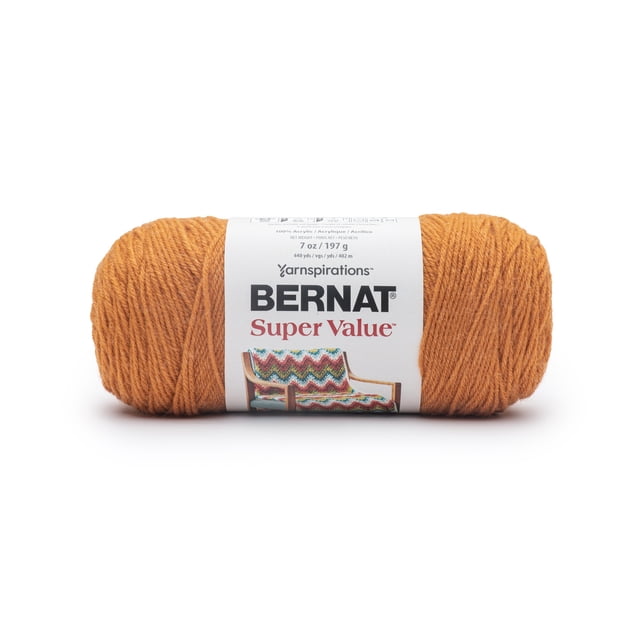 Bernat® Super Value™ Fil Acrylique #4 Worsted (Moyen) en Masala, 7oz/197g, 440 yards, Présenté comme un Écheveau compact avec une Étiquette Blanche Présentant le logo Bernat et une image de Couverture au crochet, Convient aux Projets de Tricot et de crochet et Souvent Utilisé pour des Bricolages Abordables et Lavables à la Machine.