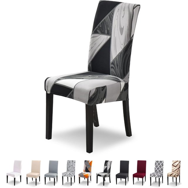 GHSDFBB Dining Chair Covers Set of 6, featuring stretchable polyester and spandex material in a geometric black and white pattern. The slipcover is designed to fit dining chairs with back heights of 17.7-23.6 inches and seat dimensions of 15.7-19.7 inches. Includes sewn-in elastic for a snug, non-slip fit. Ideal for protecting chairs from spills, stains, and wear, while updating the decor of dining rooms, kitchens, or event spaces. Additional colour options are displayed below.