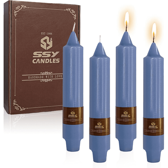 7 Inch Taper Candle Candle Sticks, 4PCS Pillar Candles Handmade Unscented candlesticks in a vibrant blue color with a smooth finish, displayed alongside a brown packaging box labeled 'Handmade with Love.' Each candle features a gold label and is crafted from high-purity paraffin wax with cotton wicks. These dripless and smokeless candles are ideal for festive occasions, weddings, home decor, and religious ceremonies.