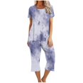 thumbnail image 2 of Liquidation Aujourd'hui Iumwxz Pyjamas Décontractés Fluides Ensembles Femmes Tenues d'Été Teinture sur Nœuds Graphique Col Rond Manches Courtes Taille Élastique Pantalons Courts Ensembles pour Femmes Vacances, 2 of 6
