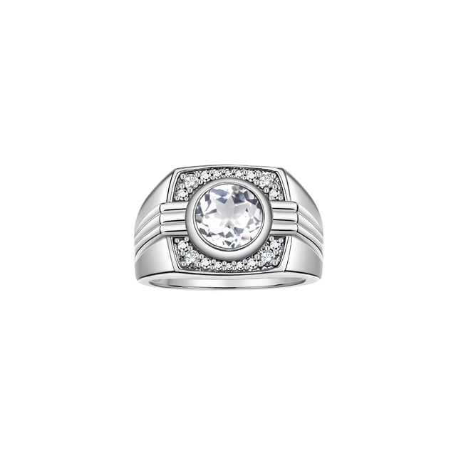 RYLOS Mens Rings 14K White Gold Designer Round Gemstone & Sparkling Diamond Ring White Topaz April Birthstone Rings For Men, Men's Rings, Gold Rings Sizes 8 - 13