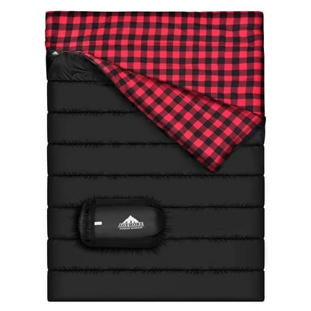 Cotton Flannel Double Sleeping Bag for Camping, Backpacking, Or Hiking. Queen Size 2 Person Waterproof Sleeping Bag for Adults Or Teens. Truck, Tent, Or Sleeping Pad, Lightweight(Pillows NOT Include)
