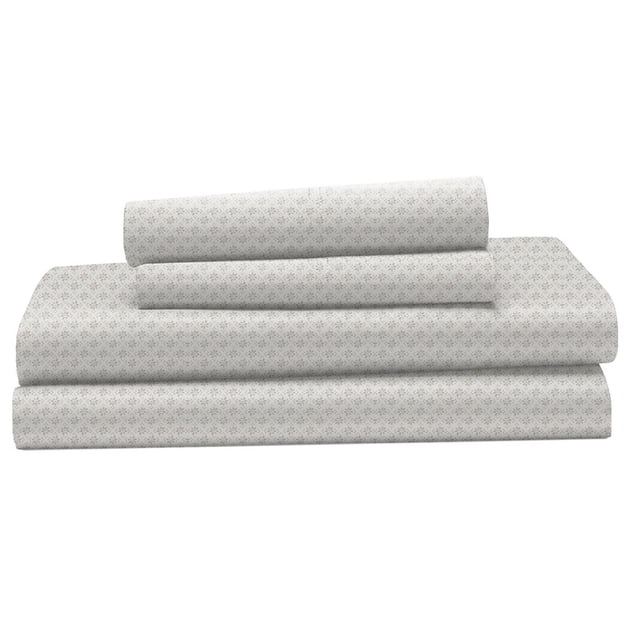 Hometrends 400 Thread Count 100% Cotton Sheet Set - Sateen in light grey with a subtle small floral pattern, folded to show flat sheet, fitted sheet, and pillowcases, made from breathable cotton sateen with True Grip technology for mattresses up to 15 inches deep, wrinkle and fade resistant.
