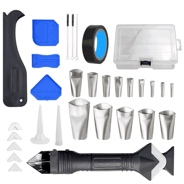 Amdohai 32Pcs Caulking Finishing Tool Kit featuring a variety of tools including 16 stainless steel nozzle applicators, a 3-in-1 caulking tool, 6 replaceable silicone pads, 3 blue caulk bead tools, a black caulking removal tool, tape, 3 cleaning brushes, and a storage box. Designed for home improvement tasks like caulking bathrooms or kitchens, this multifunctional kit is made of silicone and stainless steel and comes in a compact package measuring 16.5 x 12 x 5.8 cm.