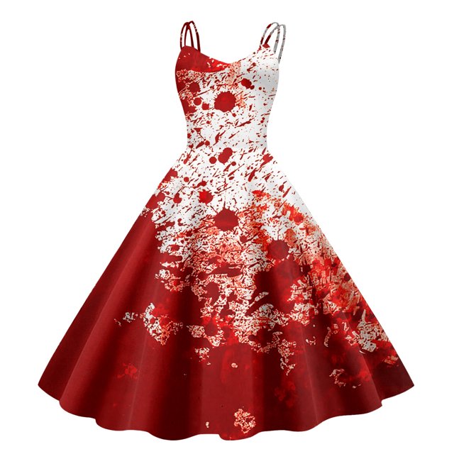 Rinsvye Robe Rétro d'Halloween Mignonne pour Femmes, Été, Drôle, Imprimée, à Bretelles, Robe Décontractée pour Femmes, sous le Genou, Longue (1)