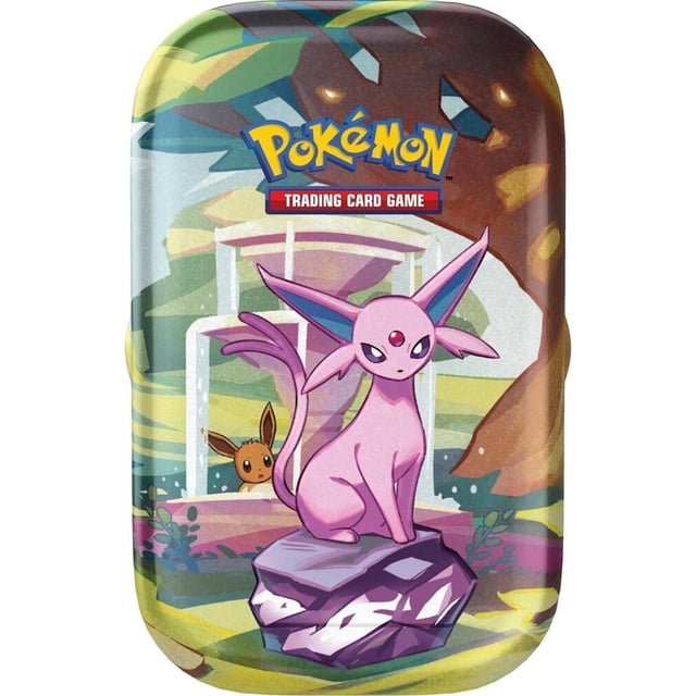 Pokemon TCG: Scarlet & Violet Prismatic Evolutions Mini Tin featuring Espeon. The tin displays Espeon sitting on a rock with Eevee in the background, surrounded by a colorful, nature-inspired design. Includes 2 Scarlet & Violet—Prismatic Evolutions booster packs, an Eevee coin, and a collectible art card that connects with the rest of the set. Compact and perfect for collectors.