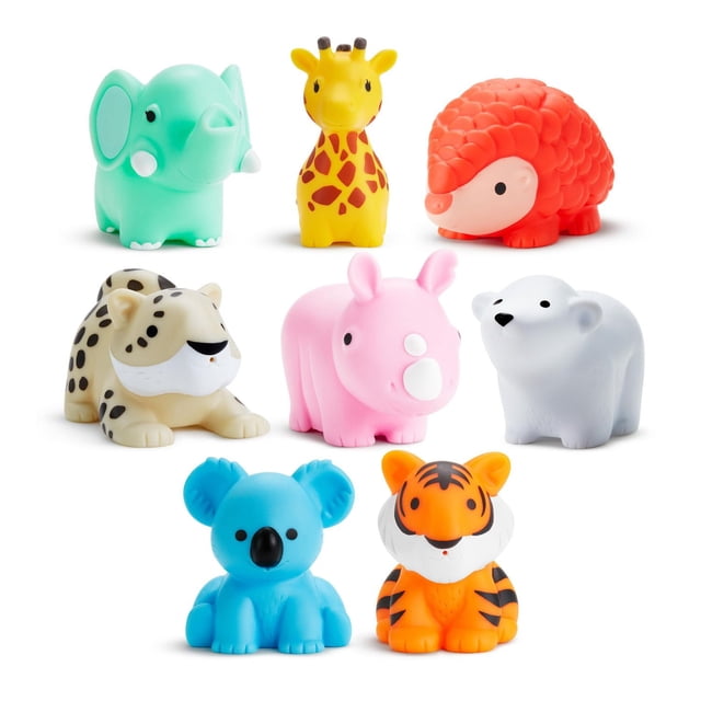 Munchkin WildLove Bath Squirts, 8 Pack of colorful floating bath toys shaped as endangered animals including elephant, giraffe, pangolin, snow leopard, rhino, koala, and tiger that squirt water and support fine motor skill development during infant bath play.