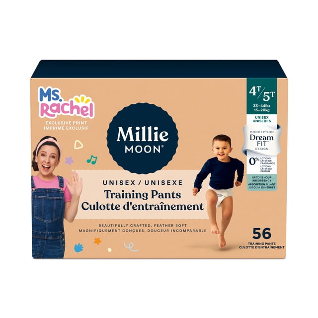 Millie Moon Ms Rachel Training Pants, Size 4T-5T, 56 Count box featuring unisex training pants with DreamFit™ waistband, CloudTouch™ softness, double leak guards, and soft-tear sides for easy removal, offering up to 12 hours of absorbency and an exclusive Ms Rachel print for toddlers 33-44 lbs (15-20 kg).