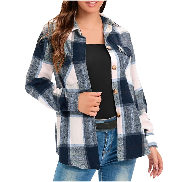IROINID Surchemise Courte pour Femmes Col Rabattu à Carreaux Manches Longues Manteau Chemise Sans Capuche Décontracté, Bleu
