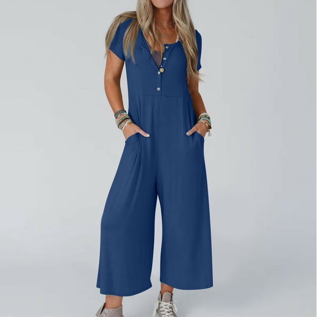 LSLJS Combinaison Décontractée à Jambes Larges pour Femmes, Couleur Unie, à Manches Courtes, avec Poches à Boutons, One Piece Combinaisons Cadeaux pour Femmes