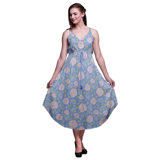 Bimba Robe de Plage Bohème Midi Sans Manches Imprimée Florale pour Femmes-TTG