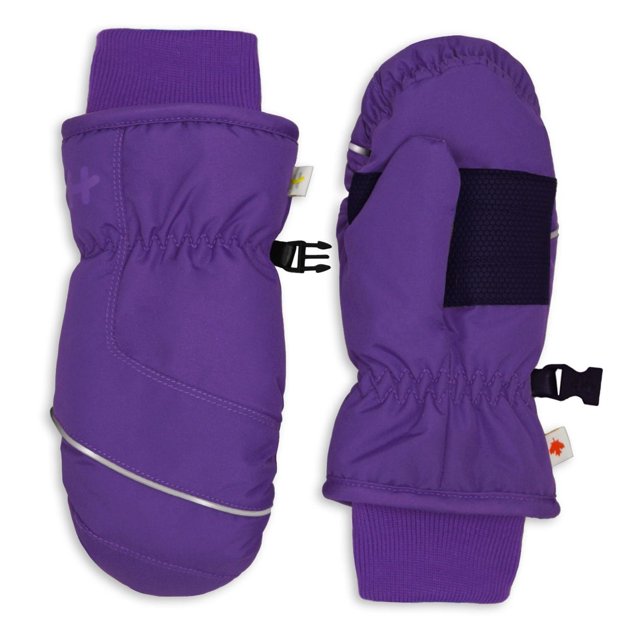 Purple toddler ski mittens sized 2-3 years with elastic cuffs, black palm grips, and adjustable clips for secure fit.