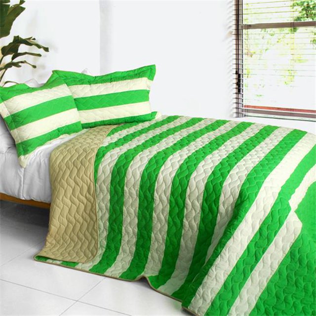 QTS01120-23 Printemps - Ensemble de Courtepointe Patchwork 3 Pcs Format Double et Grand - Vert