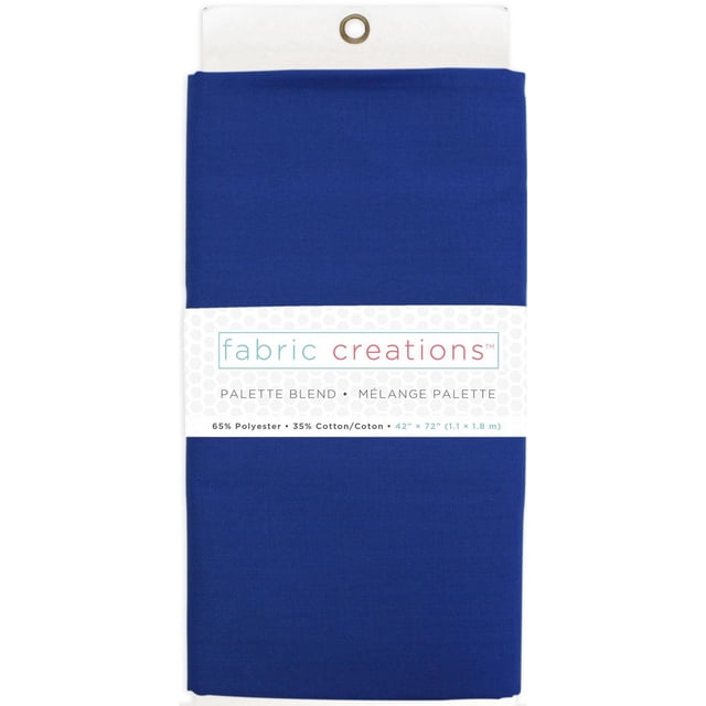 Fabric Creations Polycotton 65/35 pre-cut fabric in solid blue, folded with a white label showing brand and fabric details, measuring 42 by 72 inches (1.1 by 1.8 meters), made of 65% polyester and 35% cotton, suitable for quilting, garment sewing, and home décor projects.