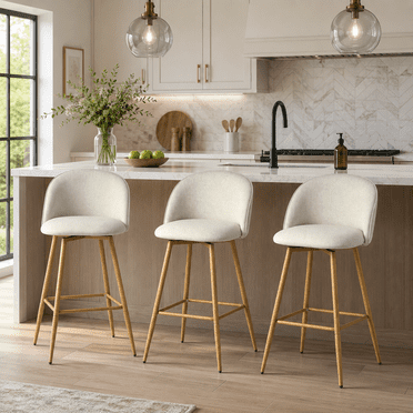 Homy Casa 3-Piece Modern Upholstered Counter Height Bar Stools, Fabric Kitchen Island Chairs with Curved Back and Footrest, Cream Beige