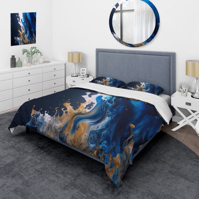 Designart "Frozen Splash of Paint I" Modern Bedding Covert Set - Abstract Spirals Blue Abstract Bed Set With 1 Sham