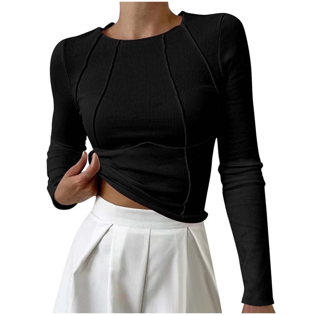 Yuyuzo Chemises à Manches Longues pour Femmes Automne Col Rond Ajusté Crop Tops sous-Vêtements