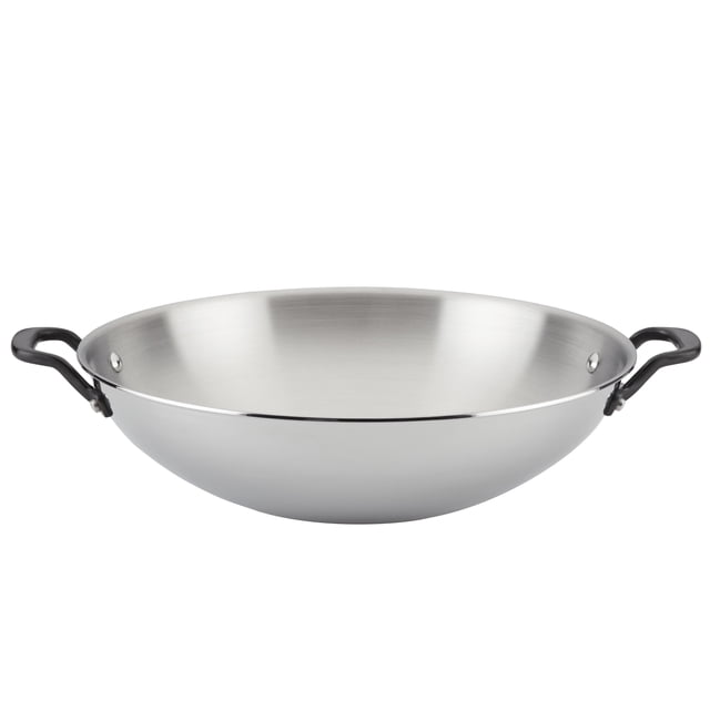 KitchenAid 5-Ply Clad Stainless Steel Wok, 15-Inch, polished stainless steel with dual black handles for easy grip. Suitable for stir-frying, sautéing, and versatile cookware use in home kitchens.