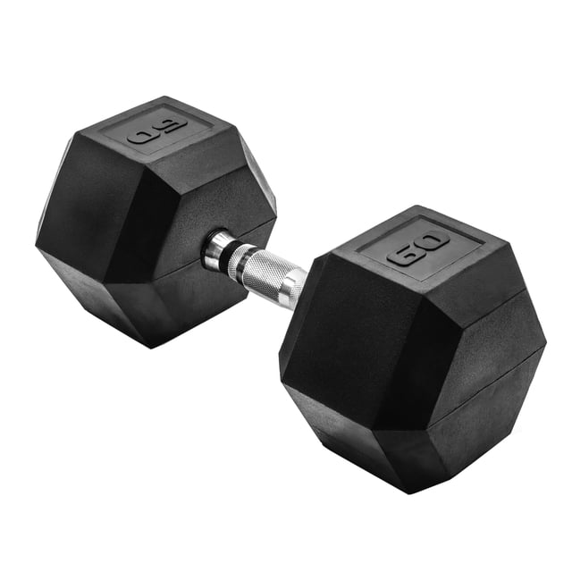 CAP Barbell Coated Hex Dumbbell, Single 3 - 100 lb centered front-facing hex-head dumbbell with coated ASTM A48 Class 20 grey iron heads and chrome 1018 cold-rolled steel handle with medium-depth knurling for ergonomic grip; hex heads prevent rolling, shown on white background, sold individually, suitable for strength training and HIIT.