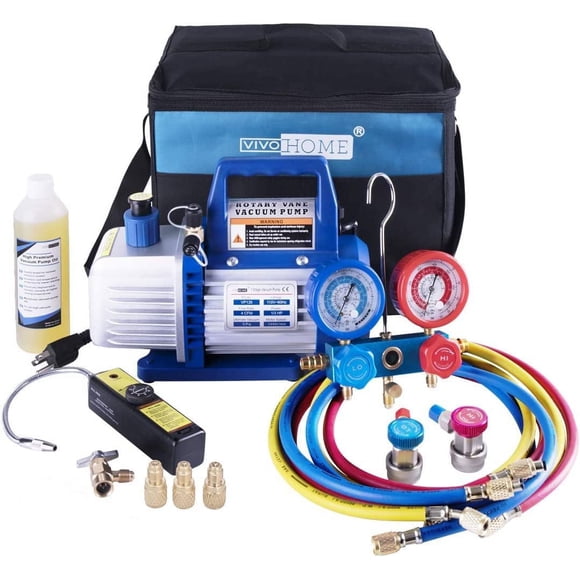 SPECSTAR 110V 1/3 HP 4CFM Single Stage Vacuum Pump and R134a AC Manifold Gauge Set Kit with Leak Detector Carry Bag for HVAC Air Conditioning Refrigeration Recharging ETL Listed