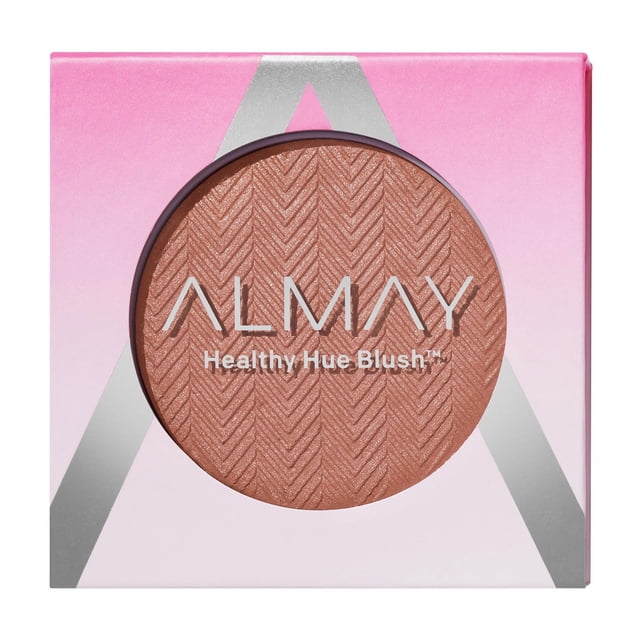 Almay Healthy Hue Powder Blush in a round compact with a textured chevron pattern on the powder surface, set in a pink and silver square box, featuring a lightweight, high pigment formula for true colour payoff and buildable cheek makeup.