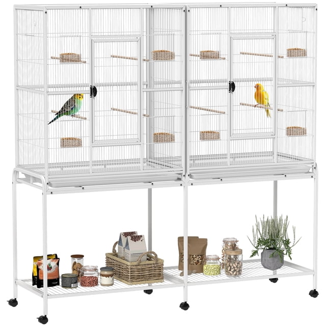 PawHut 64" Extra Large Bird Cage, Rolling Metal Parrot Cage, White