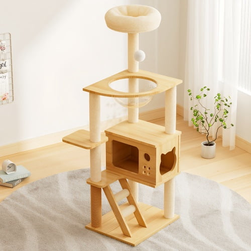 48.8" Modern Cat Tower, Wood Cat Tree Tower for Indoor Cats, Cat Treewith Sisal-Covered Scratching Posts and Top Perch, Cat Condo with Acrylic Hammock for Small Large Cats