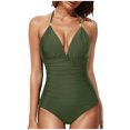 thumbnail image 2 of VBTAPA Tummy Control Swimsuits for Women Full Coverage One Piece Bathing Suits Metal Halter V Neck Ruched Slimming Swimwear Lightning Sales Today Army Green M, 2 of 3
