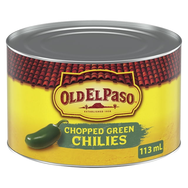 Old El Paso Canettes de Piments Chili Verts Hachés avec Étiquette Jaune avec Toit en Tuiles Rouges et illustration de Piment Vert, Contenant 113 ml de Piments Verts Hachés Idéal pour Ajouter une Saveur Épicée aux Repas et Rehausser les Trousses de Repas Old El Paso.