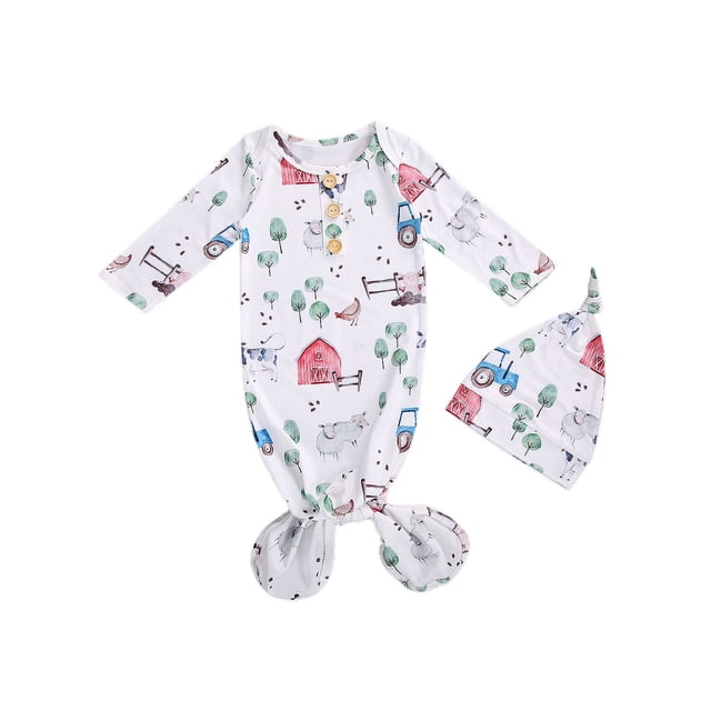 Xingqing 2PCS Newborn Infant Baby O-Neck Floral Cartoon Print Sleeping Pocket Round Hat