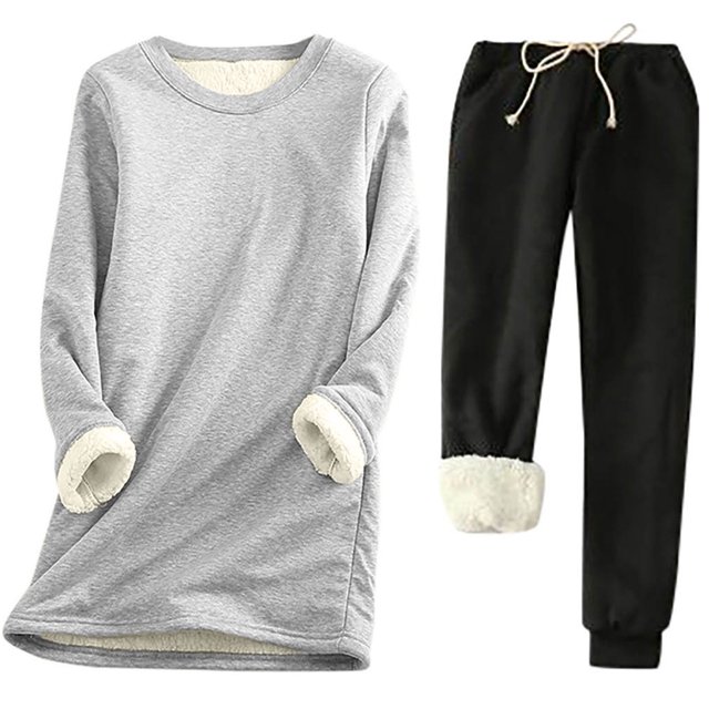 Pisexur Ensembles 2 Pcs pour Femmes Ensembles de Pyjama en Molleton Chaud pour Femmes 2 Pcs Chandail à Col Rond Pantalon de Pyjama Ample Vêtements de Détente Décontractés Tenues d'Hiver Surdimensionnées Grande Taille P-5TG