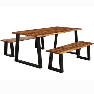 Gymax Ensemble de Table de Pique-Nique en Bois d'Acacia 3 Pcs Table Banc Extérieur Patio
