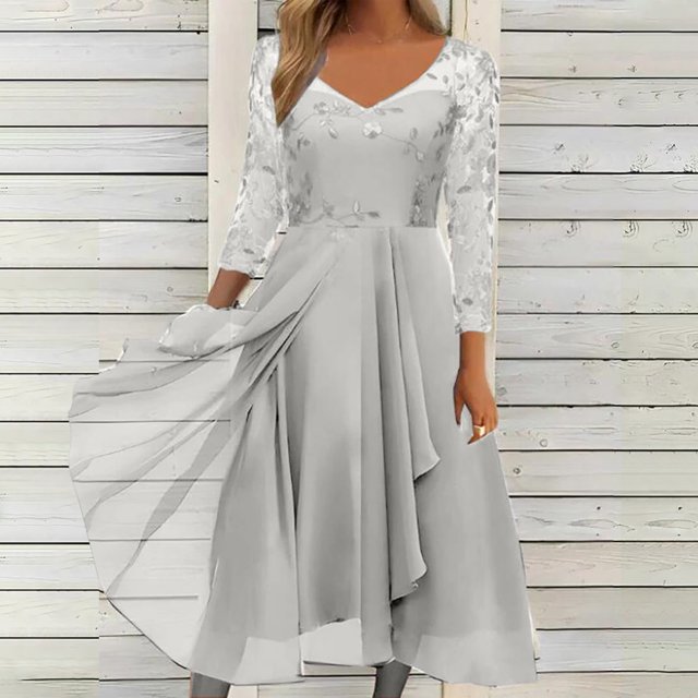 EGNMCR Robes de Soirée pour Femmes, Robes Formelles pour Femmes, Robes de Cocktail pour Femmes Femmes Unies à Manches Longues Col Rond Dentelle Mousseline Maille Taille Robes de Fête Jupe en Mousseline pour Femmes