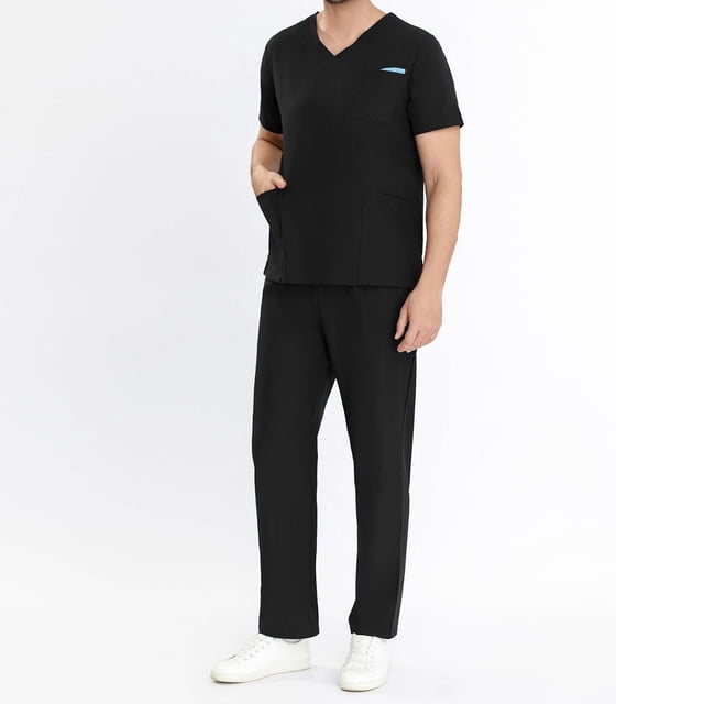LSLJS Men Scrubs Set featuring a short-sleeve V-neck blouse and long pants in a two-piece design. The black scrub set includes functional pockets on the top and pants, providing ample storage for work essentials. Made from soft, breathable material, this uniform is designed for comfort during long work hours. Suitable for healthcare professionals, this set offers a clean and professional look, ideal for clinics, hospitals, or other work environments.