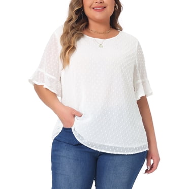 Agnes Orinda Women's Plus Size School College Top Swiss Dots Blouse Round Neck Ruffle Sleeve Casual Tee Shirt 1X White