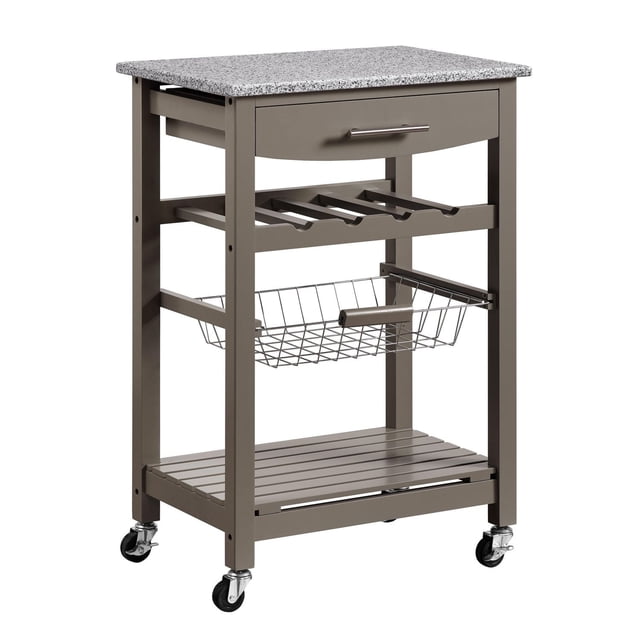 Randall Kitchen Island Gris avec Dessus en Granit Doté d'Un Cadre en Bois Massif Gris Chaud, Comptoir en Granit Gris et Blanc Sécuritaire pour les Aliments, Tiroir avant avec Poignée Argentée, Casier à Vin pour Quatre Bouteilles, Panier Coulissant en Fil Métallique, Tablette Inférieure à Lattes et Roulettes Verrouillables pour un Rangement de Cuisine Polyvalent et la Mobilité, Également Idéal pour les Réceptions dans les Espaces de Salle à Manger Ou de patio.