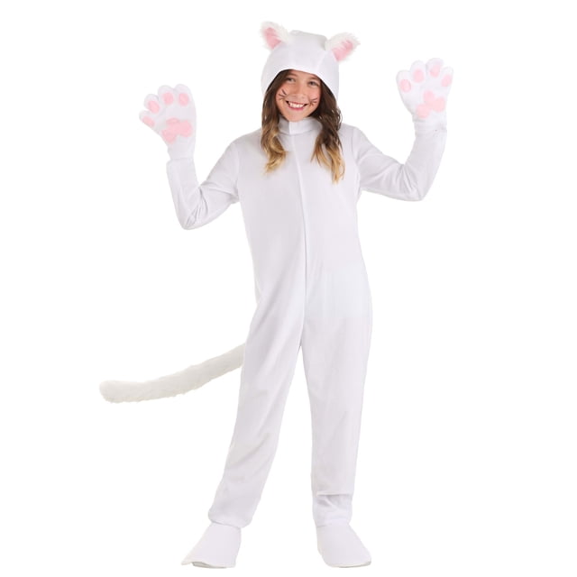 Kid's White Cat Costume by FUN Costumes, featuring a full-body white jumpsuit with a long tail, attached hood with cat ears, and matching paw gloves and boot covers. Ideal for Halloween or themed parties.